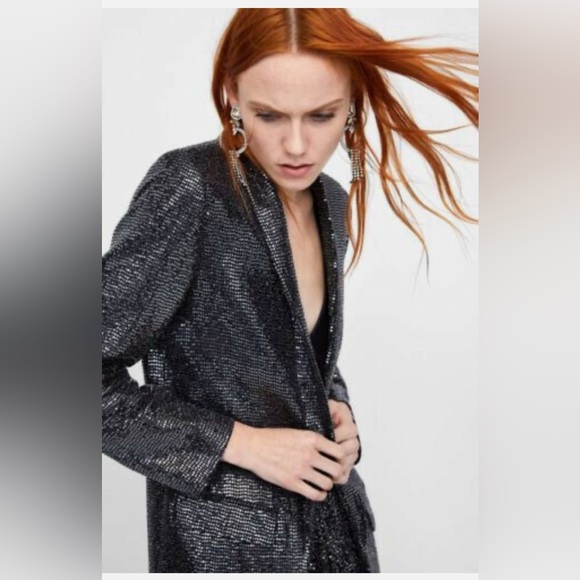 RARE ZARA SEQUINED SHINNY SILVER JACKET BLAZER BLOGGERS - Picture 4 of 4